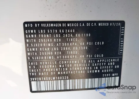 2020 Volkswagen Tiguan 2.0T Se/2.0T Se R-Line Black/2.0T Sel z USA, uszkodzony, nr VIN 3VV2B7AX8LM160329